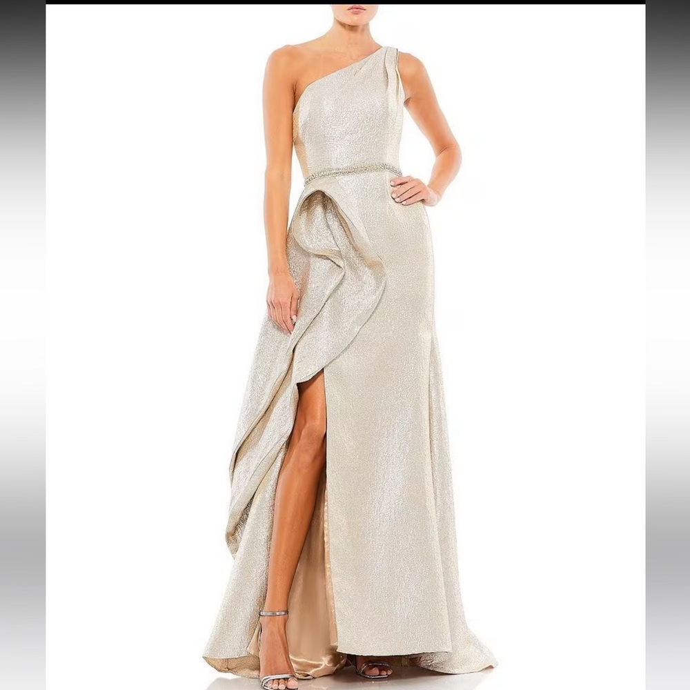 Mac Duggal one shoulder slit dress oyster